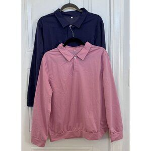 New Men's Bundle Two Long-Sleeve Collared Shirts Polos Size L Buttons Pink Navy